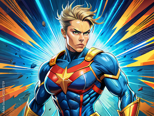 superwoman supergirl Dynamic superhero with striking blue costume and determined expression amidst explosive energy background
