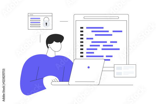 Software Development. Man Character sitting at workplace at laptop and developing application or website, uses programming languages and creates digital product. Flat Cartoon Vector Illustration, icon