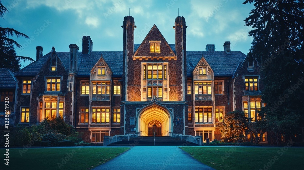 Fototapeta premium Enchanting Historic Mansion at Dusk Surrounded by Lush Trees