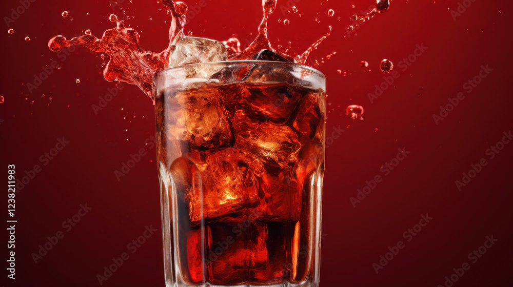 Iced Cola Splash, Red Background - High-key lighting Iced Cola Splash, Red Background - High-key lighting