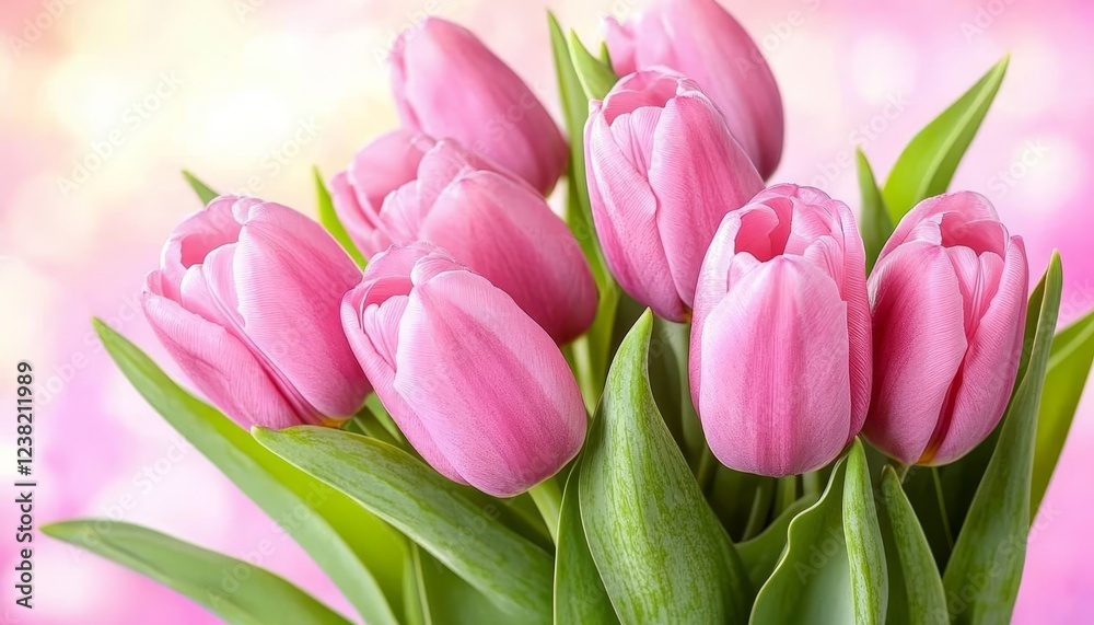 Bouquet of Delicate Pink Tulips in Soft Sunlight and Creamy Bokeh, Perfect for Spring Bouquet of Delicate Pink Tulips in Soft Sunlight and Creamy Bokeh, Perfect for Spring