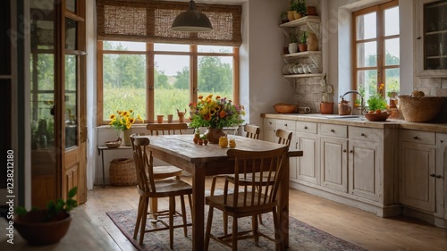 Sunlit kitchen with rustic decor and vibrant sunflowers in a cozy countryside setting