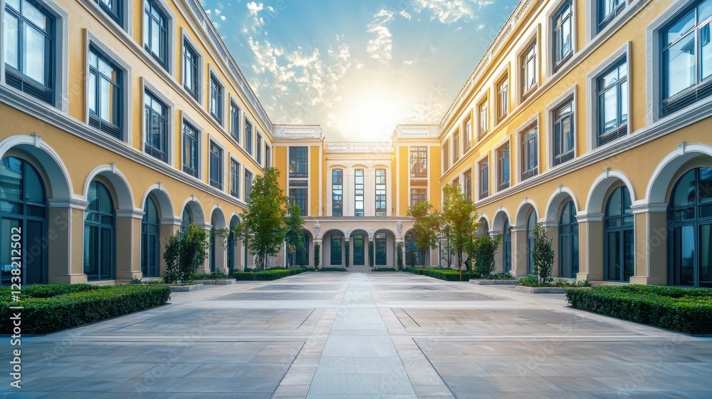 Elegant Courtyard Architecture with Trees and Sunlight Reflection Elegant Courtyard Architecture with Trees and Sunlight Reflection