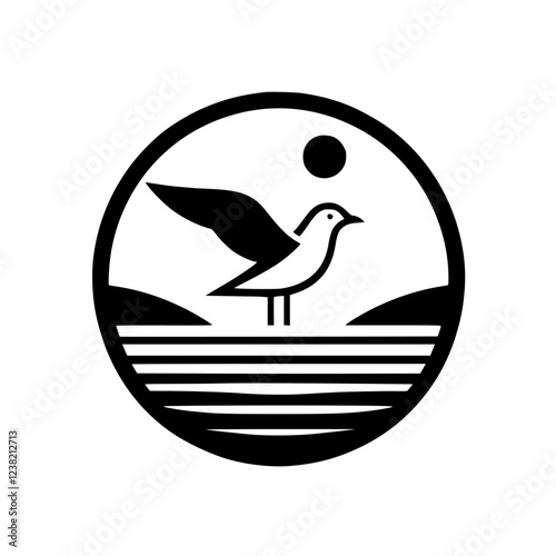 Seagull on the Ocean Shore: Minimalist Nature Illustration.  A black and white vector graphic design of a seagull perched on the water's edge, with a sun and minimalist landscape in the background.