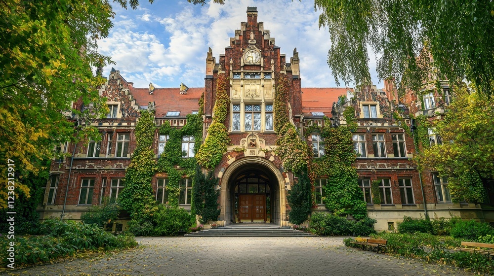 Naklejka premium Beautiful Historic Building with Greenery and Blue Sky Background