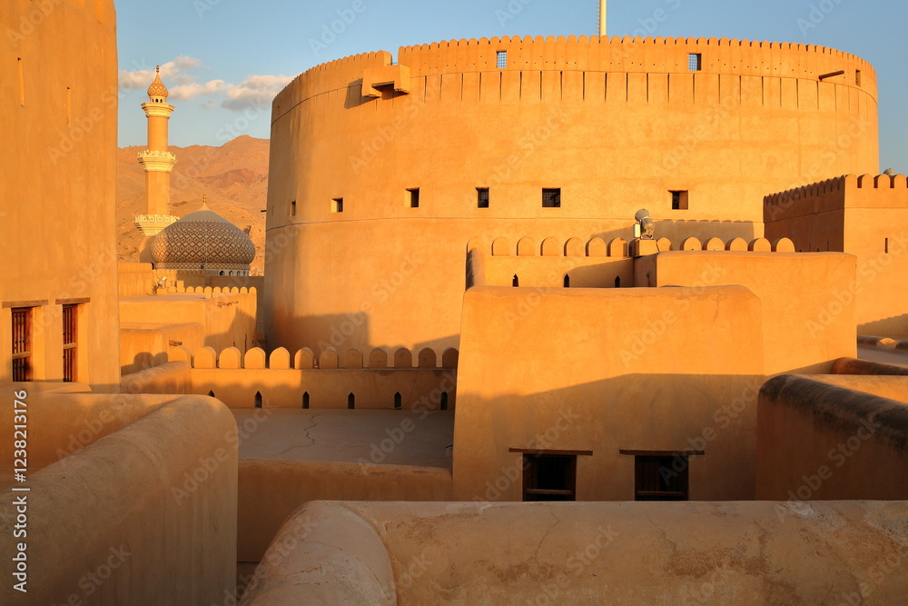 The Nizwa Mosque and the city of Nizwa viewed from the top of the Nizwa fort, Nizwa, Al Dakhiliyah, Oman