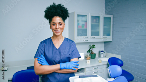 Professional Dentist Smiling in Modern Dental Office, Wearing Scrubs and Gloves