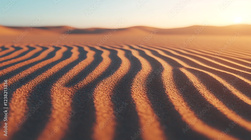 Naklejka premium A serene desert landscape featuring gentle sand dunes illuminated by soft sunlight, creating beautiful patterns in the sand.