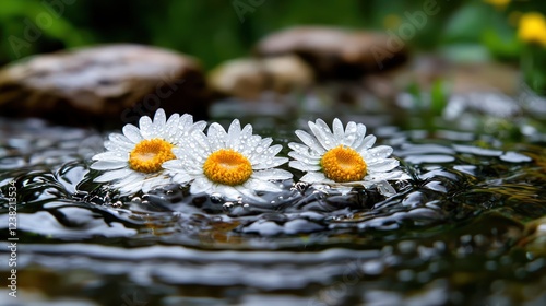 Wallpaper Mural Three daisies with water droplets floating on a rippling surface near stones. Torontodigital.ca