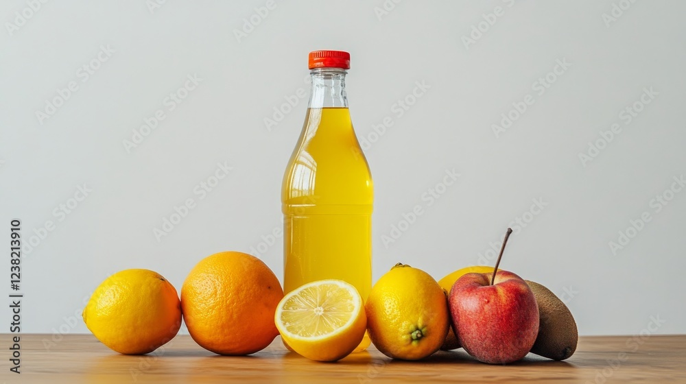 Fresh fruits and bottled lemon water on a wooden table with a white backdrop Fresh fruits and bottled lemon water on a wooden table with a white backdrop