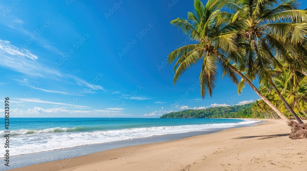 Tropical island nature concept. A serene beach scene with palm trees and clear blue skies, inviting relaxation. Tropical island nature concept. A serene beach scene with palm trees and clear blue skies, inviting relaxation.