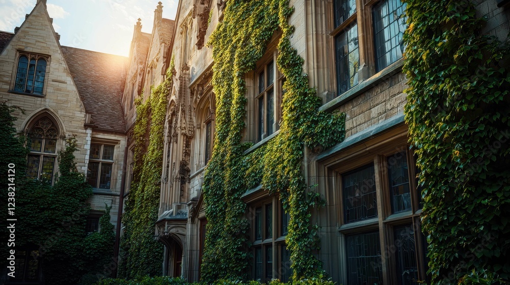 Fototapeta premium Historic Building Facade Covered in Ivy with Sunlight in Background