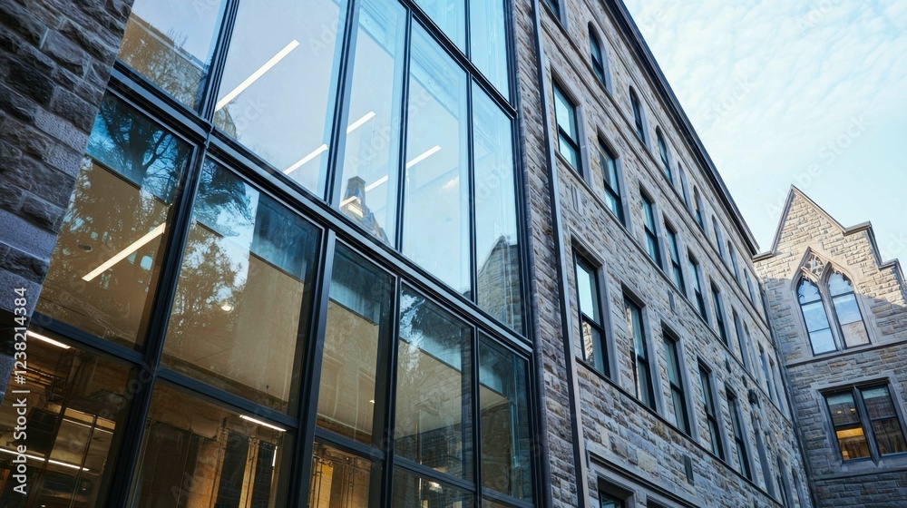 Obraz premium Modern Glass and Stone Architecture Against Blue Sky
