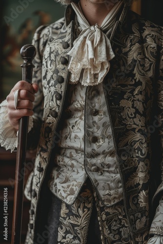 A person in an elegant 18th-century suit, wearing a frock coat, cravat, and holding a cane photo