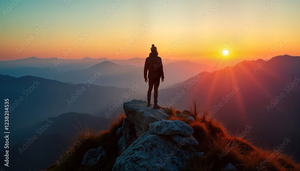 Fototapeta premium Person stands on mountaintop at sunrise. Vast mountain ranges stretch out below. Golden light bathes landscape. Majestic, inspiring view. Solitude, reflection apparent. Nature beauty, vastness