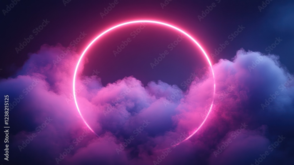 Pink neon ring above clouds, night sky backdrop, futuristic design Pink neon ring above clouds, night sky backdrop, futuristic design