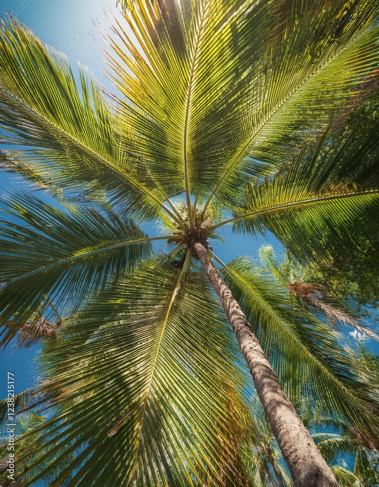 Obraz premium Towering palm trees rise dramatically against the clear blue sky, creating a sense of tranquility and adventure. This tropical paradise invites travelers to escape the ordinary