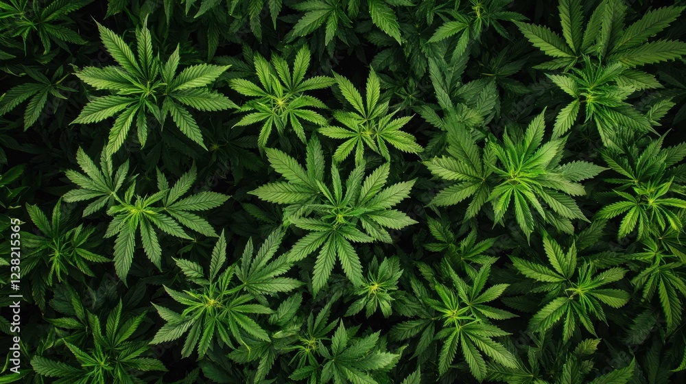 Vibrant Green Cannabis Plant Leaves in Sunlight from Above Vibrant Green Cannabis Plant Leaves in Sunlight from Above