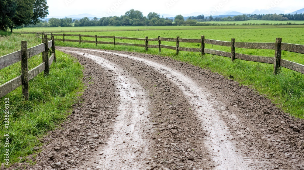 A winding dirt path lined with wooden fences in a lush green landscape. A winding dirt path lined with wooden fences in a lush green landscape.