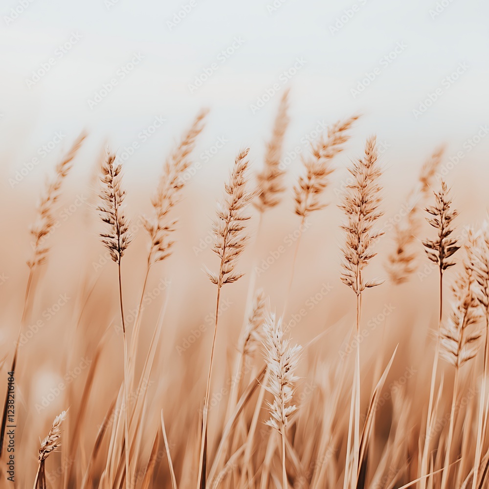 Obraz premium Golden grass sways gently in a serene landscape, reflecting the beauty of nature under a soft, hazy sky.