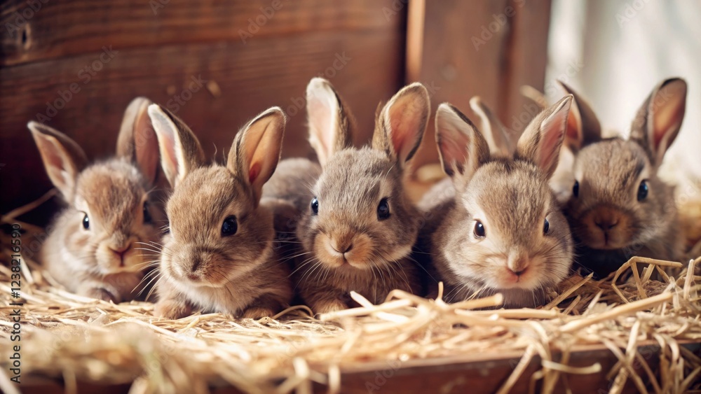 Obraz premium Playful baby rabbits in a cozy barn setting cute animal photography warm atmosphere close-up view for adorable imagery
