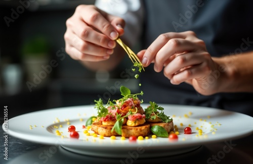 Wallpaper Mural Chef meticulously arranges food on plate. Close-up indoor shot of chef preparing meal in hotel kitchen. Expertly arranging colorful garnishes, like herbs, berries, on plate with cooked food. Torontodigital.ca