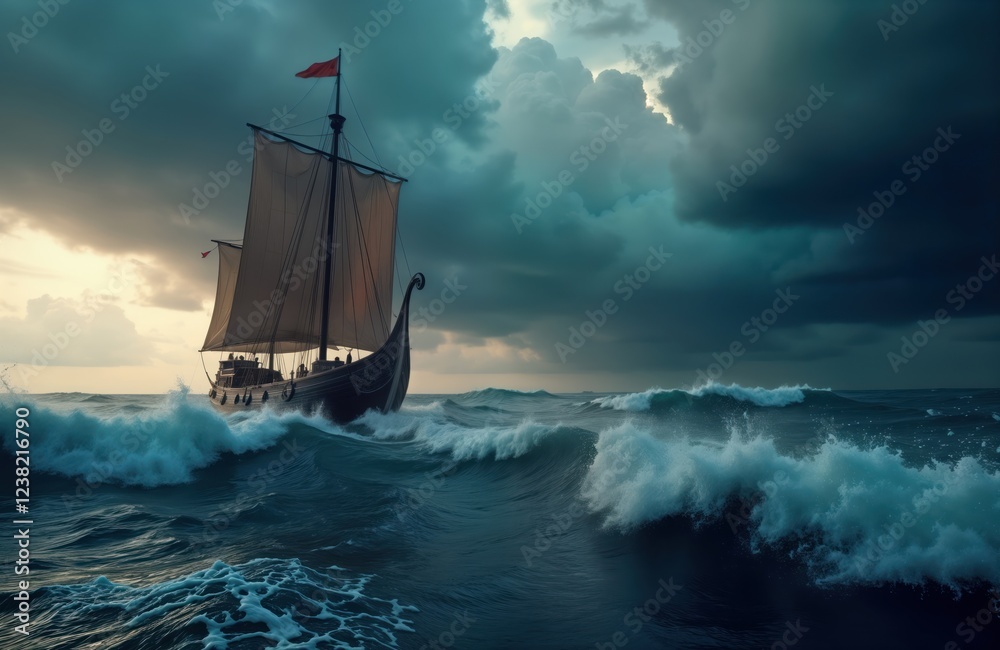 Obraz premium Viking longboat sails stormy ocean. Huge waves crash around ancient vessel. Dramatic sky full of clouds, dark storm. Ship navigates rough seas. Historic seafaring depicted. Strong wind pushes ship