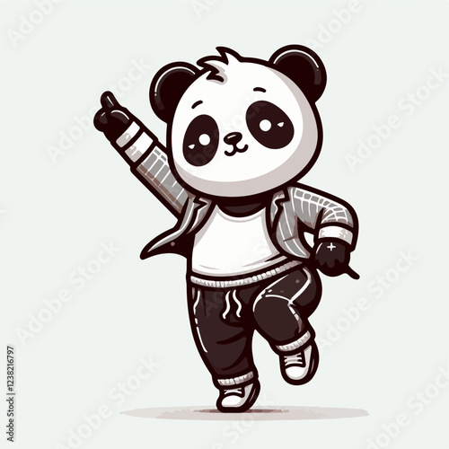 Dancing Groovy Panda: A stylized, cartoon panda in street-inspired attire, sporting a confident pose and a finger-pointing gesture, embodies a playful and upbeat vibe.