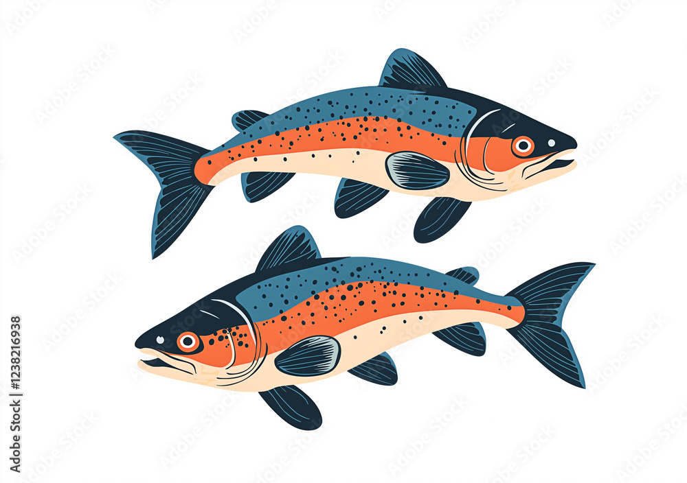 Fototapeta premium Two salmon fish isolated over white background, retro style illustration.