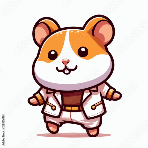 Dancing Dapper Hamster in Suit:  A charming hamster dressed in a stylish white suit, exudes confidence with a happy grin and wide eyes.