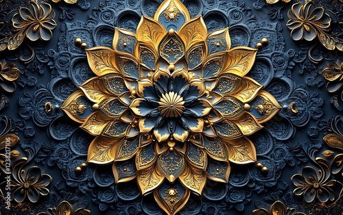 Intricate Floral Design with Golden Petals and a Central Blue Bloom