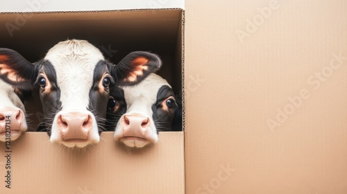 In the bright light of day, curious calves can be seen playfully peeking through an old, empty cardboard box, showcasing their lively and exuberant nature in a charming farm setting photo