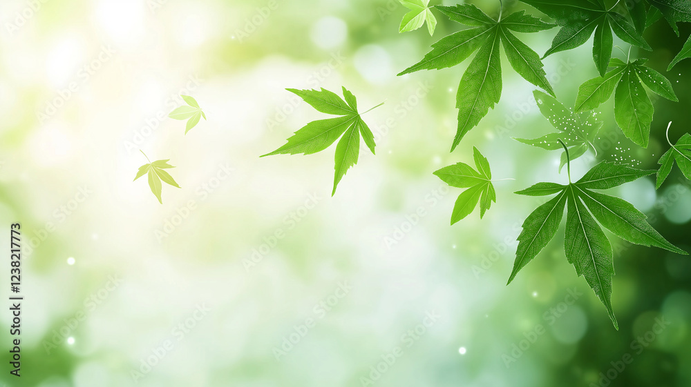 Fresh green leaves floating air create serene spring atmosphere, evoking feelings of renewal and tranquility. soft light enhances vibrant greens, making it perfect backdrop for nature themed Fresh green leaves floating air create serene spring atmosphere, evoking feelings of renewal and tranquility. soft light enhances vibrant greens, making it perfect backdrop for nature themed