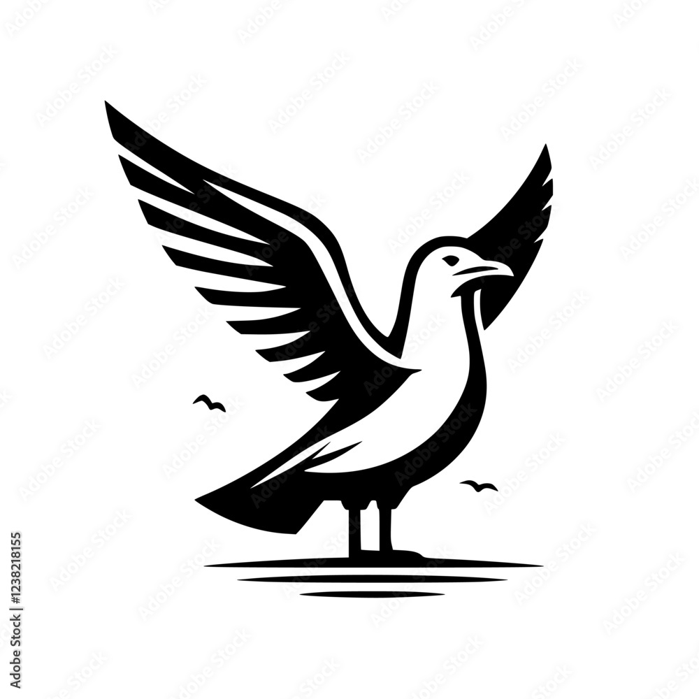 Obraz premium Majestic Seagull in Flight: A Stunning Black and White Bird Illustration