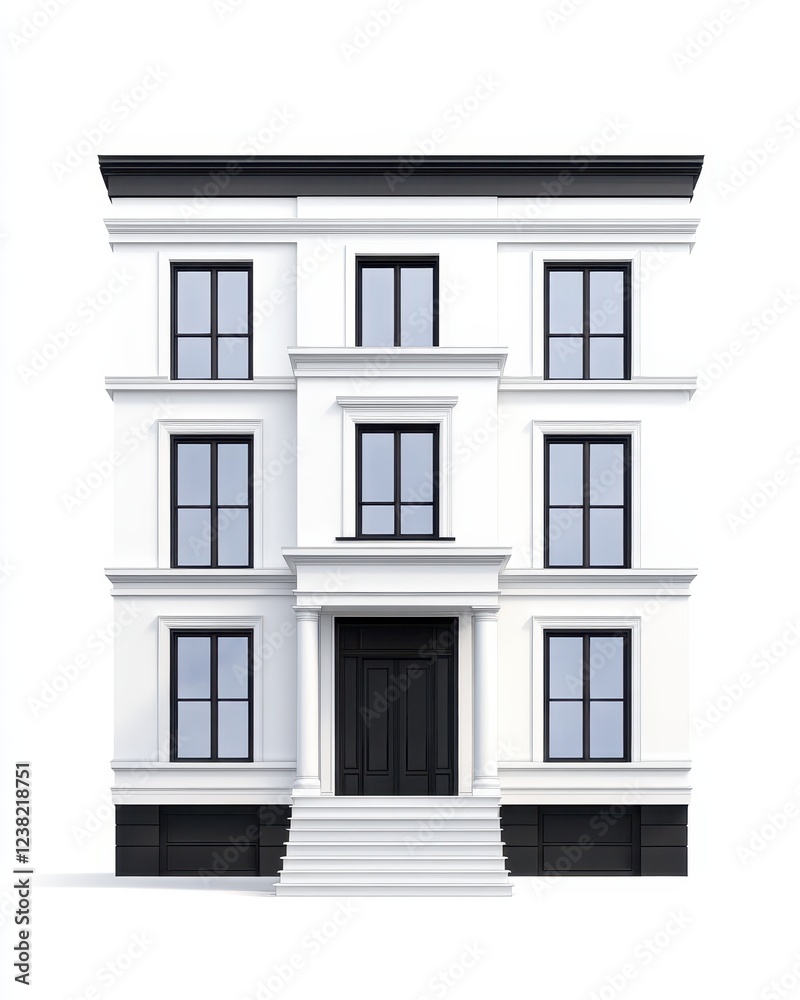 Fototapeta premium Detailed architectural drafting of a modern white building with a symmetrical facade, large windows, and elegant entrance steps created digitally