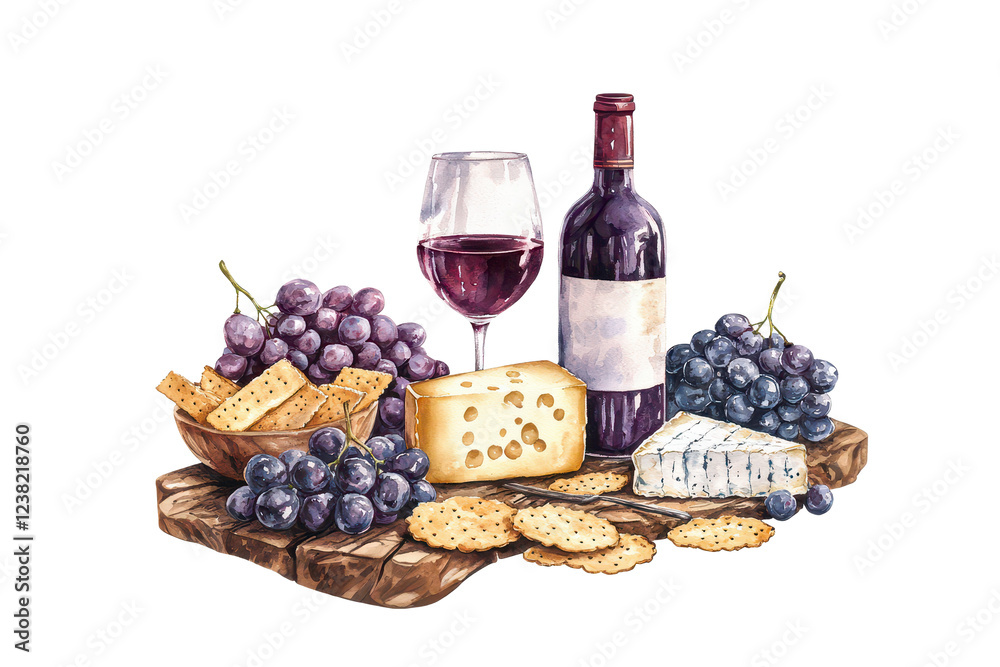 A wine bottle, glass of red wine, various cheeses, and clusters of grapes arranged on a wooden platter. A wine bottle, glass of red wine, various cheeses, and clusters of grapes arranged on a wooden platter.