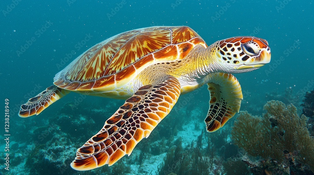 Fototapeta premium This breathtaking moment captures a sea turtle swimming peacefully near a thriving coral reef, showcasing the beauty of underwater life