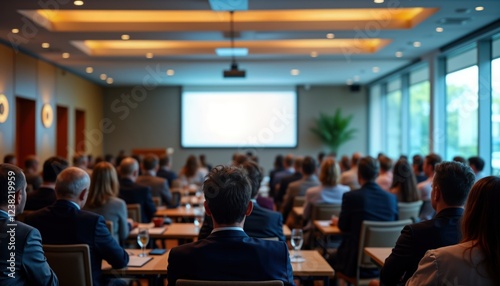 Large conference room full of people listening to presentation on big screen. Attendees focused on display. Business people sit in chairs at tables. Professional event. Meeting in progress. Active photo