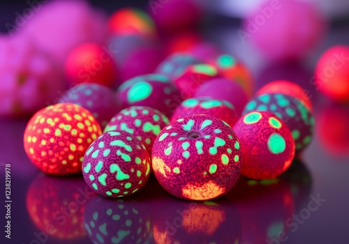 Glowing neon fluorescent genetically engineered fruits with luminous patterns on reflective surface. photo