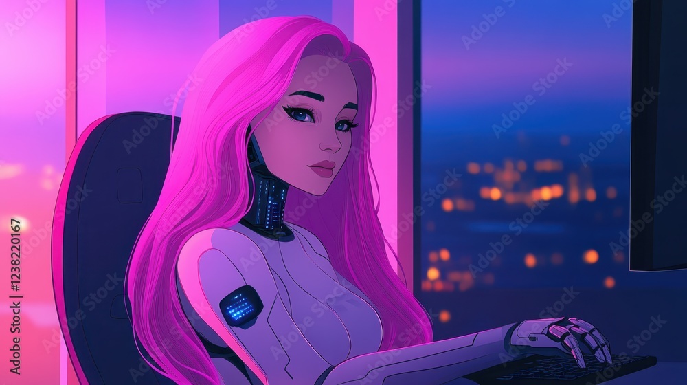 A detailed and captivating illustration features a futuristic AI woman with striking pink hair, deeply immersed in coding against a stunning skyline illuminated by a vibrant sunset A detailed and captivating illustration features a futuristic AI woman with striking pink hair, deeply immersed in coding against a stunning skyline illuminated by a vibrant sunset