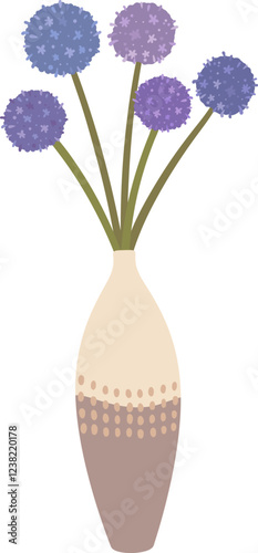 Five purple spherical allium flowers with green stems standing in a beige and brown dotted vase, creating a stylish and elegant floral arrangement against a clean white backdrop