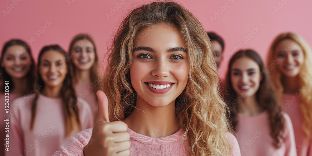 Fototapeta premium Celebrating friendship group of young women smiling together in pink attire indoor studio setting joyful atmosphere portrait shot empowerment theme