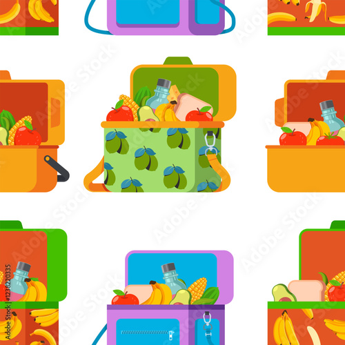 Lunch boxes and bags vector cartoon seamless pattern background.