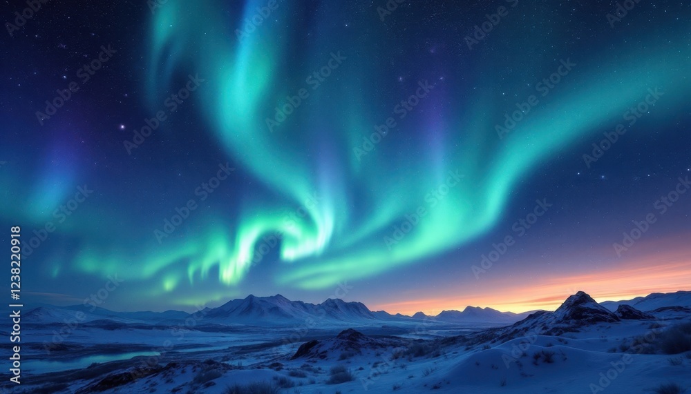 Naklejka premium Stunning aurora borealis displaying vivid green waves over snowy mountain landscape at twilight