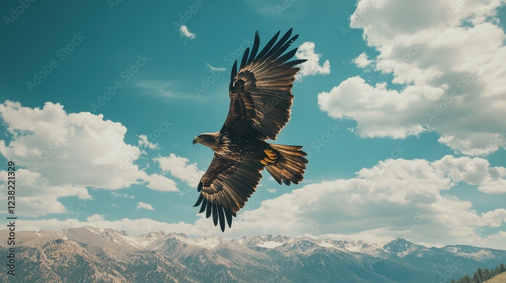 Fototapeta premium Majestic eagle soaring over snow-capped mountains under a vivid blue sky filled with clouds