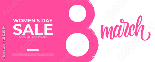 Women's Day Sale commercial banner for International Women's Day holiday shopping promotion. Brush strokes and hand lettering. Pink color. Vector illustration.