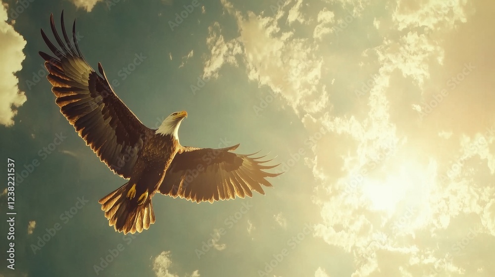 Obraz premium Majestic eagle soars through the sky during a bright sunset, displaying its powerful wings and sharp gaze