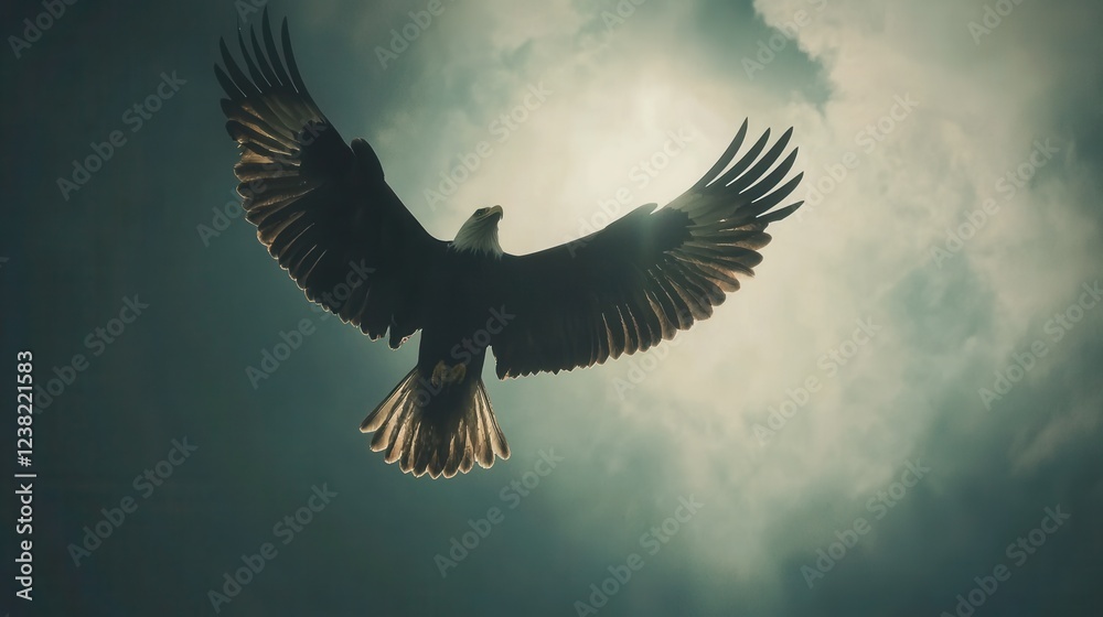 Obraz premium Majestic eagle soaring against a dramatic sky illuminated by sunlight