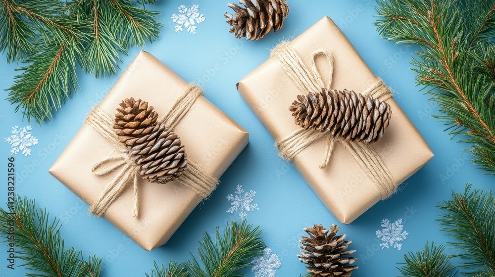 Two rustic gifts wrapped in kraft paper, adorned with pine cones and twine, rest on a blue background. Perfect for winter holidays, Christmas, and gift-giving promotions.