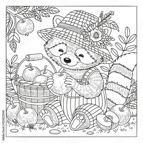 Cute raccoon in overalls and hat sits in the garden with apples. Coloring for children and adults. Art therapy.